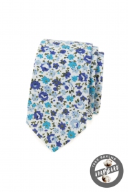 Bavlněná slim kravata s modrými květy