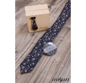 Modrá slim kravata s růžovými květy