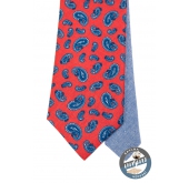 Červená hedvábná kravata s modrými paisley motivy - šířka 7 cm